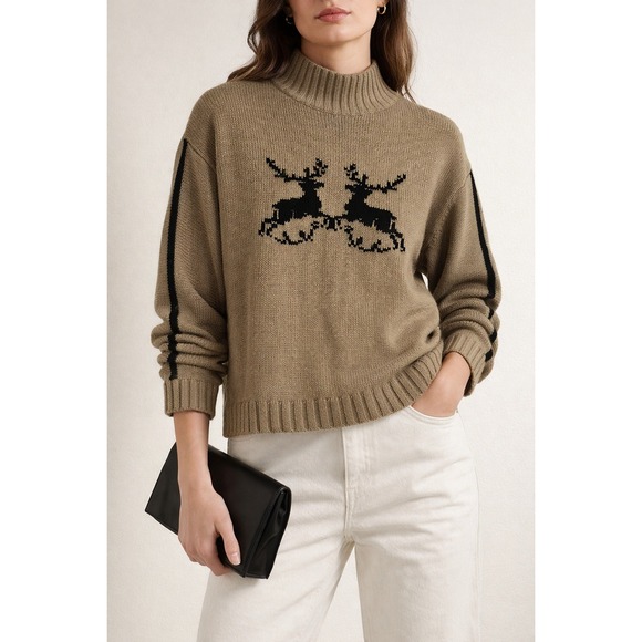 Obermeyer Sweaters - Vintage Obermeyer Ski Sweater Reindeer Knit Wool Blend Mock Neck Nordic Womens L